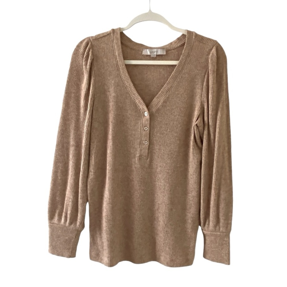 LOFT Puff Sleeve Soft Cozy Ribbed Top Tan Buttons, Size Large